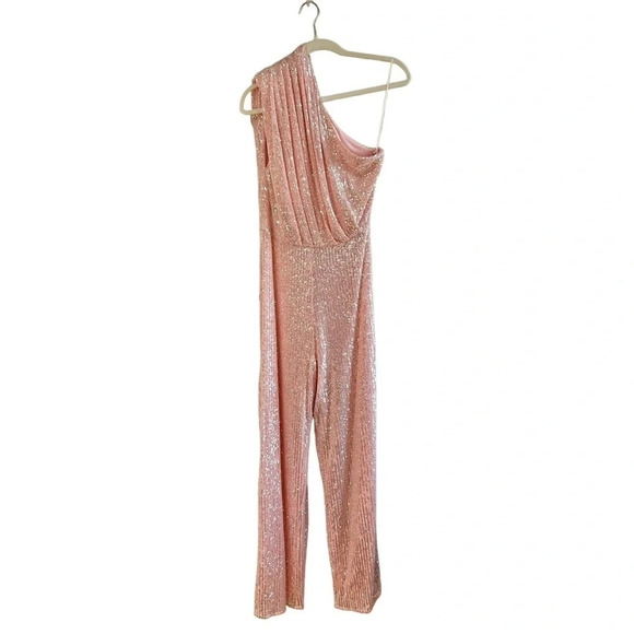 Jay Godfrey Georgia Sequin Sz 6 One Shoulder Wide Leg Pink Jumpsuit - Picture 2 of 6